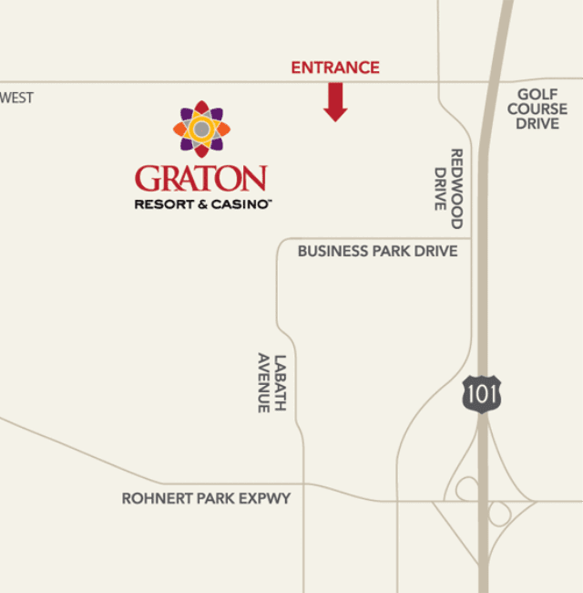 Map of Graton Resort Casino in relation to highway 101.